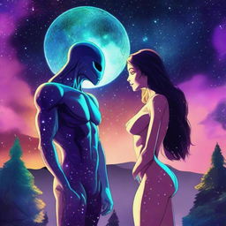 A beautiful, humanistic alien couple with long flowing hair and scant clothing standing in a cosmic vista on a gorgeous planet with a little forest in the background