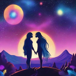 A beautiful, humanistic alien couple with long flowing hair and scant clothing standing in a cosmic vista on a gorgeous planet with a little forest in the background