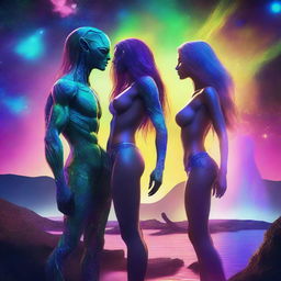 A beautiful, humanistic alien couple with long flowing hair and scant clothing standing in a cosmic vista on a gorgeous planet with glittering lights flashing around them