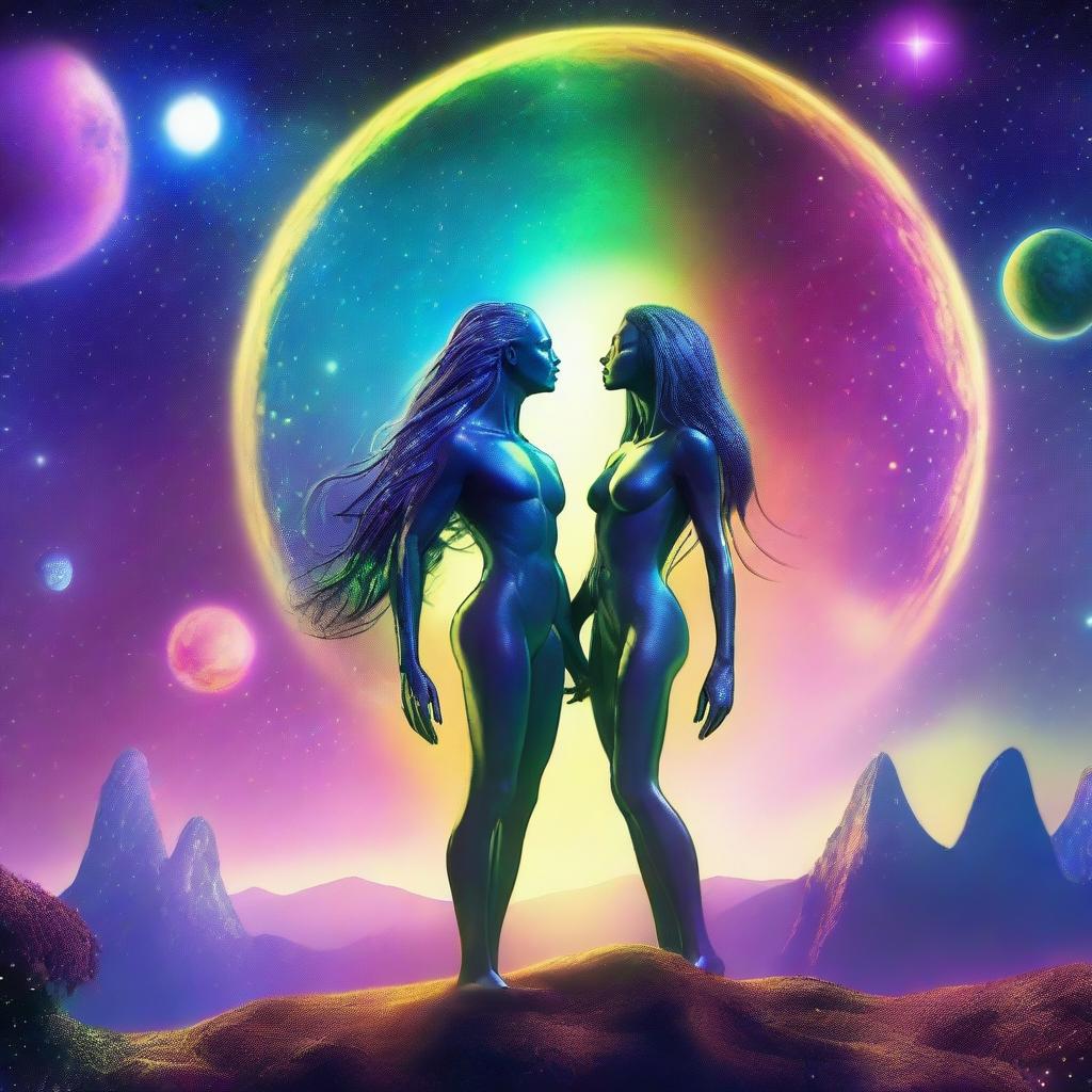 A beautiful, humanistic alien couple with long flowing hair and scant clothing standing in a cosmic vista on a gorgeous planet with glittering lights flashing around them