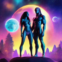 A beautiful, humanistic alien couple with long flowing hair and scant clothing standing in a cosmic vista on a gorgeous planet with glittering lights flashing around them