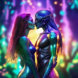 A close-up of a beautiful, human-like alien couple with long flowing hair and scant clothing