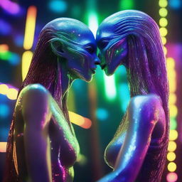 A close-up of a beautiful, human-like alien couple with long flowing hair and scant clothing