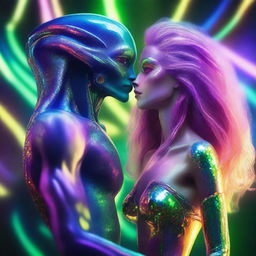 A close-up of a beautiful, human-like alien couple with long flowing hair and scant clothing