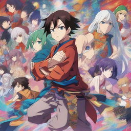 A vibrant and detailed anime series poster featuring a group of diverse characters in dynamic poses, set against a fantastical backdrop