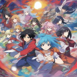 A vibrant and detailed anime series poster featuring a group of diverse characters in dynamic poses, set against a fantastical backdrop