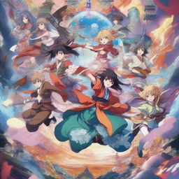 A vibrant and detailed anime series poster featuring a group of diverse characters in dynamic poses, set against a fantastical backdrop