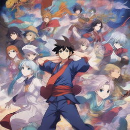 A vibrant and detailed anime series poster featuring a group of diverse characters in dynamic poses, set against a fantastical backdrop