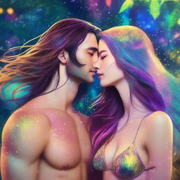 A close-up of a beautiful, human-like couple with long flowing hair and scant clothing