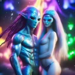 A close-up of a beautiful, human-like alien couple with long flowing hair and scant clothing