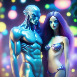 A close-up of a beautiful, human-like alien couple with long flowing hair and scant clothing