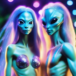 A close-up of a beautiful, human-like alien couple with long flowing hair and scant clothing