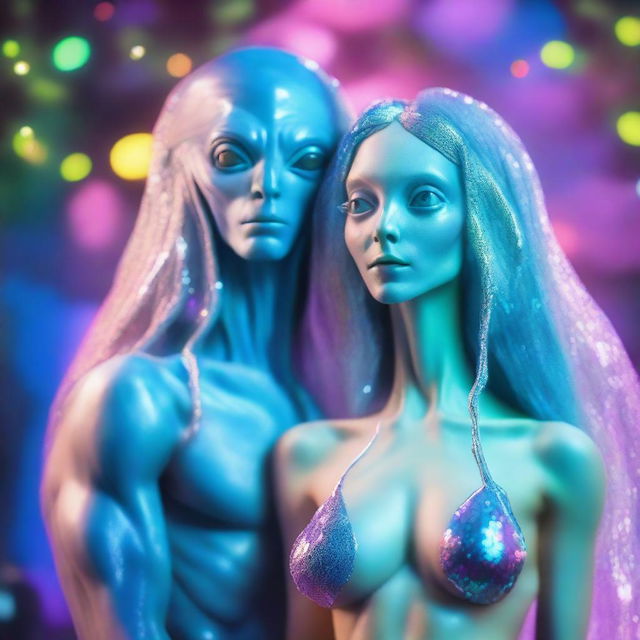 A close-up of a beautiful, human-like alien couple with long flowing hair and scant clothing