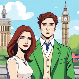 A prince with brown hair and green eyes standing in London next to a woman with red-brown hair and blue eyes