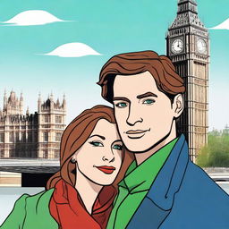 A prince with brown hair and green eyes standing in London next to a woman with red-brown hair and blue eyes