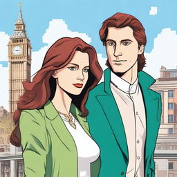 A prince with brown hair and green eyes standing in London next to a woman with red-brown hair and blue eyes