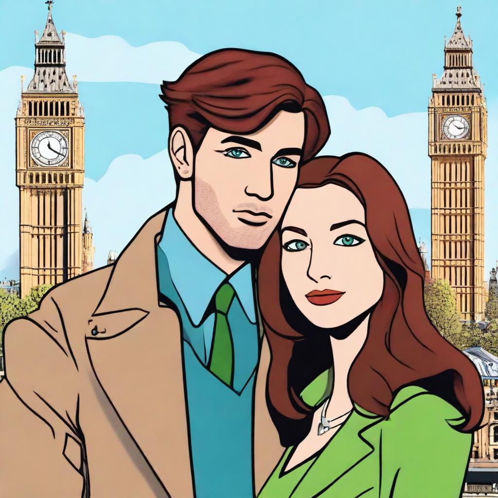 A prince with brown hair and green eyes standing in London next to a woman with red-brown hair and blue eyes