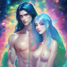 A close-up of a beautiful, human-like couple with long flowing hair and scant clothing