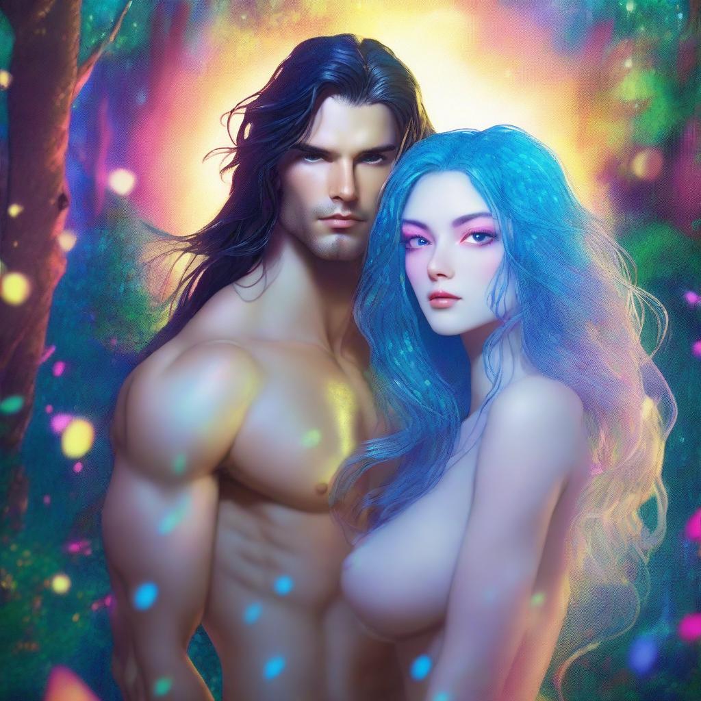 A close-up of a beautiful, human-like couple with long flowing hair and scant clothing