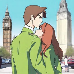 A prince with brown hair and green eyes standing in London next to a woman with red-brown hair and blue eyes