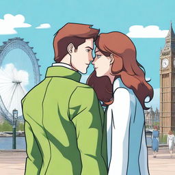 A prince with brown hair and green eyes standing in London next to a woman with red-brown hair and blue eyes