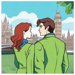 A prince with brown hair and green eyes standing in London next to a woman with red-brown hair and blue eyes