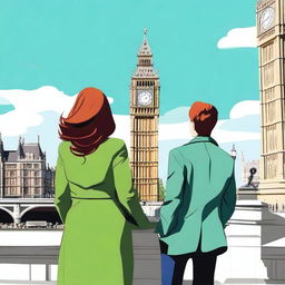 A prince with brown hair and green eyes standing in London next to a woman with red-brown hair and blue eyes