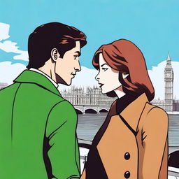 A prince wearing a black suit with brown hair and green eyes standing in London next to a woman with red-brown hair, blue eyes, and a brown coat