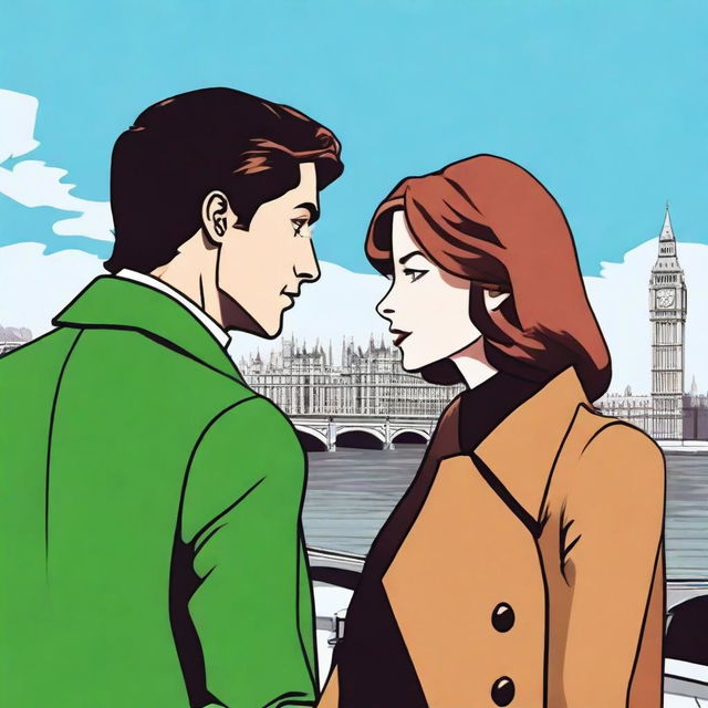 A prince wearing a black suit with brown hair and green eyes standing in London next to a woman with red-brown hair, blue eyes, and a brown coat