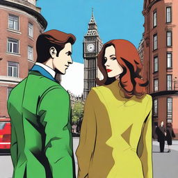 A prince wearing a black suit with brown hair and green eyes standing in London next to a woman with red-brown hair, blue eyes, and a brown coat