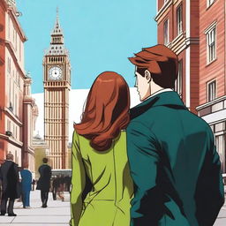 A prince wearing a black suit with brown hair and green eyes standing in London next to a woman with red-brown hair, blue eyes, and a brown coat