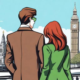 A prince wearing a black suit with brown hair and green eyes standing in London next to a woman with red-brown hair, blue eyes, and a brown coat