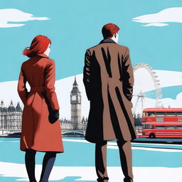 A man with brown hair wearing a black suit and a woman with red hair wearing a brown coat standing in London