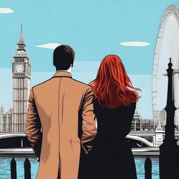 A man with brown hair wearing a black suit and a woman with red hair wearing a brown coat standing in London