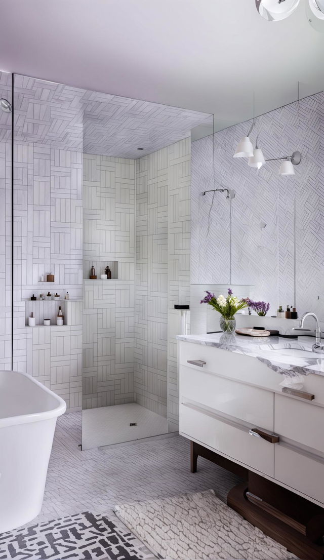 A modern bathroom with geometric patterned wallpaper, white marble countertops, a large soaking tub, glass enclosed shower, and stunning light fixtures.