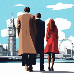 A man with brown hair wearing a black suit and a woman with red hair wearing a brown coat standing in London