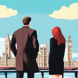 A man with brown hair wearing a black suit and a woman with red hair wearing a brown coat standing in London