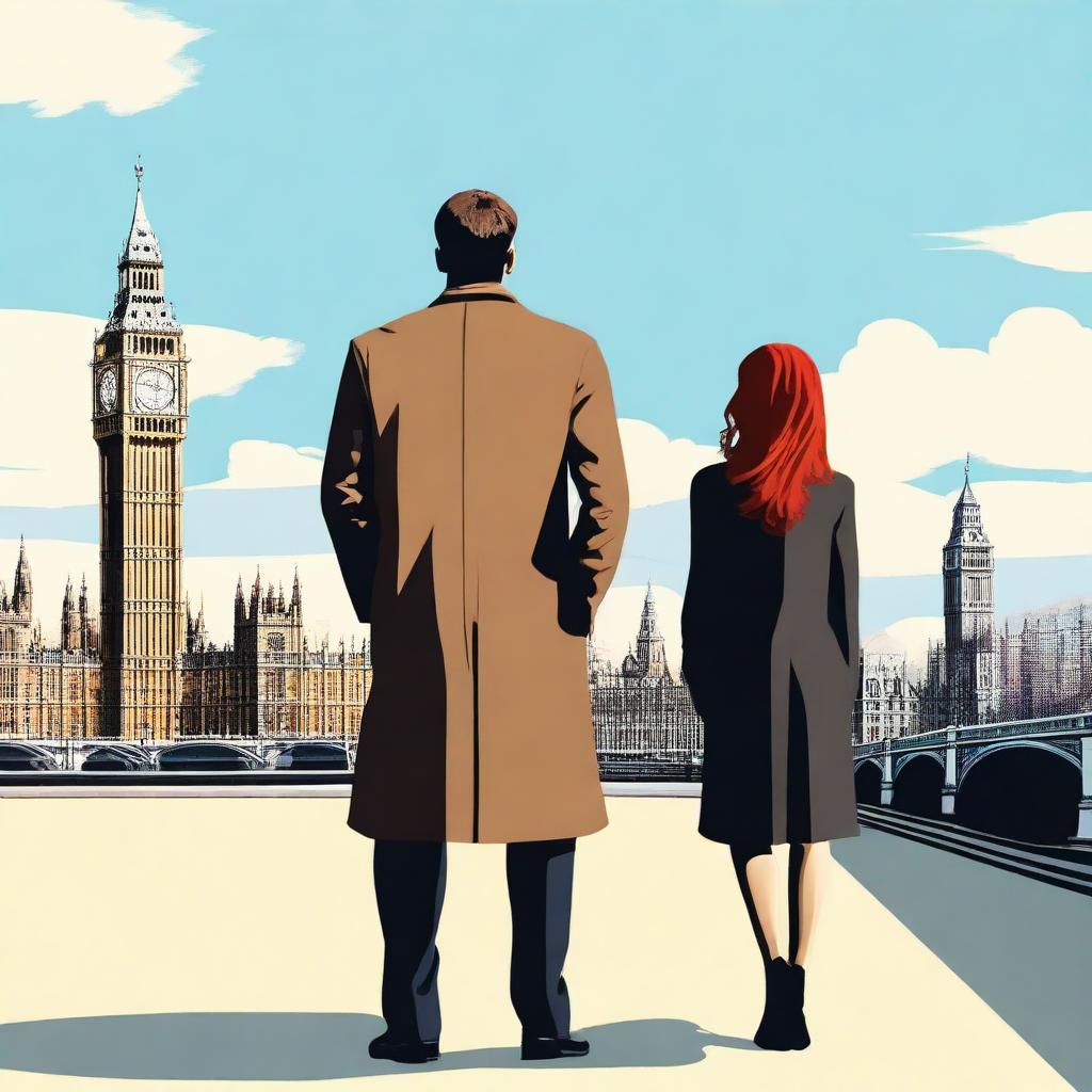 A man with brown hair wearing a black suit and a woman with red hair wearing a brown coat are standing with their backs turned to the viewer in London