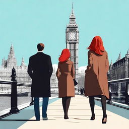 A man with brown hair wearing a black suit and a woman with red hair wearing a brown coat are standing with their backs turned to the viewer in London