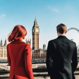 A man with brown hair wearing a black suit and a woman with red hair wearing a brown coat are standing with their backs turned to the viewer in London