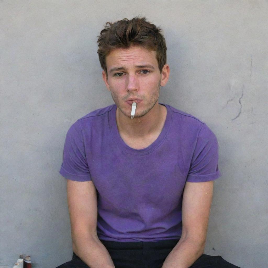 A 25-year-old man wearing a purple t-shirt and black pants, sitting behind a wall and smoking a cigarette, with a pronounced red rash on his face.