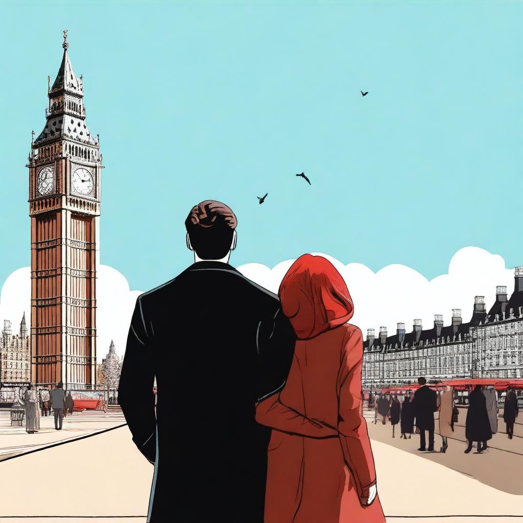 A man with brown hair wearing a black suit and a woman with red hair wearing a brown coat are standing with their backs turned to the viewer in London