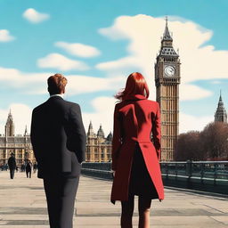 A man with brown hair wearing a black suit and a woman with red hair wearing a brown coat are standing with their backs turned to the viewer in London