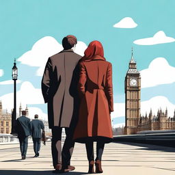 A man with brown hair wearing a black suit and a woman with red hair wearing a brown coat are standing with their backs turned to the viewer in London