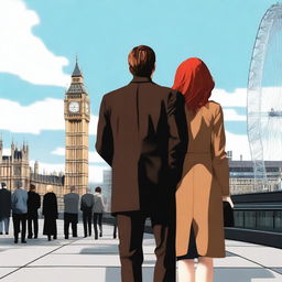 A man with brown hair wearing a black suit and a woman with red hair wearing a brown coat are standing with their backs turned to the viewer in London