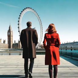 A man with brown hair wearing a black suit and a woman with red hair wearing a brown coat are standing with their backs turned to the viewer in London