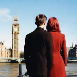 A man with brown hair wearing a black suit and a woman with red hair wearing a brown coat are standing with their backs turned to the viewer in London