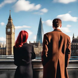 A man with brown hair wearing a black suit and a woman with red hair wearing a brown coat are standing with their backs turned to the viewer in London