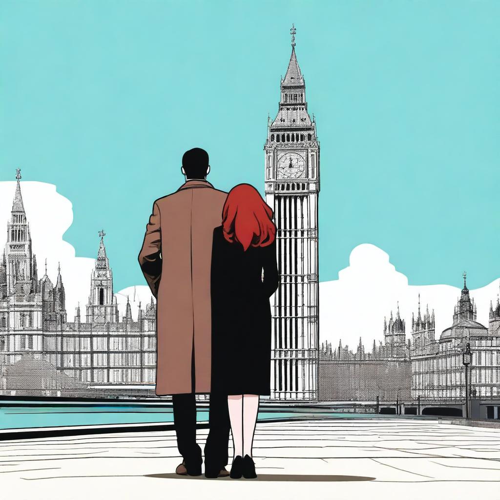 A man with brown hair wearing a black suit and a woman with red hair wearing a brown coat are standing with their backs turned to the viewer in London