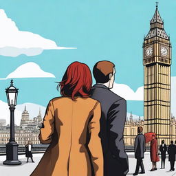 A man with brown hair wearing a black suit and a woman with red hair wearing a brown coat are standing with their backs turned to the viewer in London